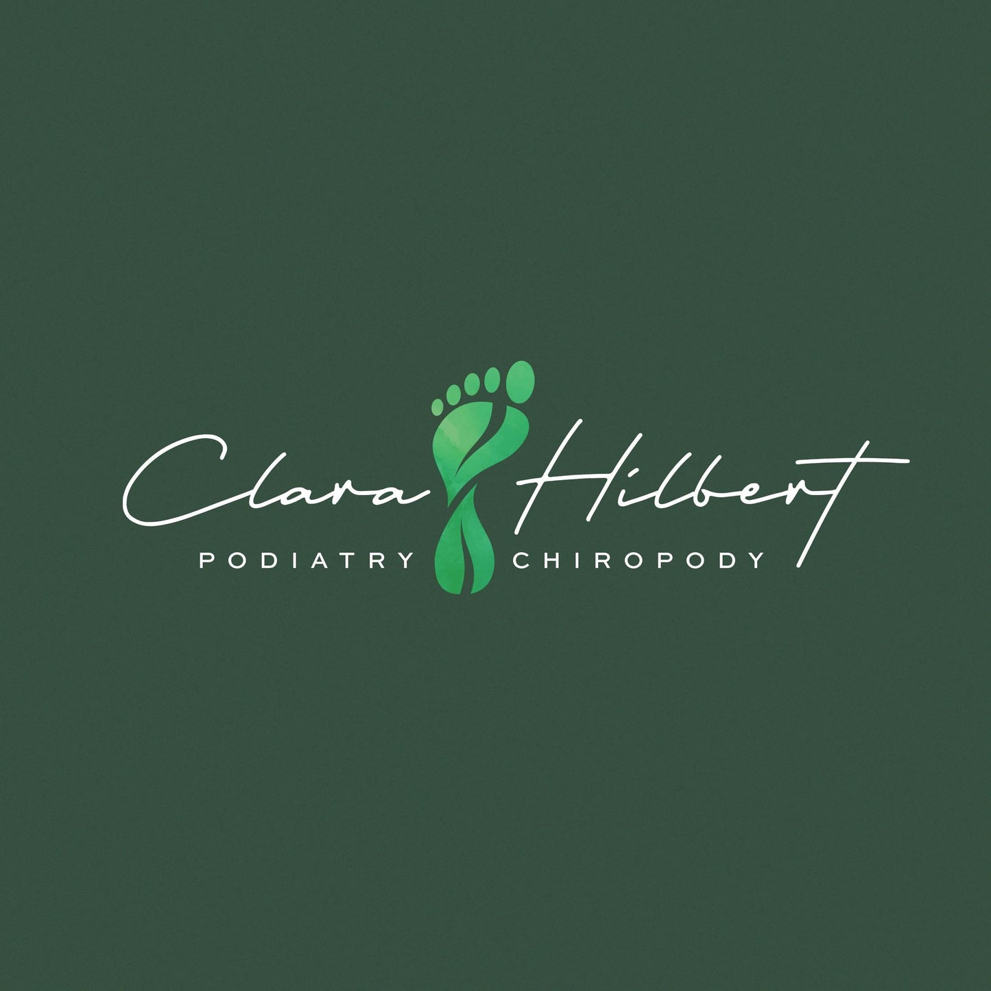 Podiatry and chiropody logo featuring a stylized green foot icon with elegant script typography.
