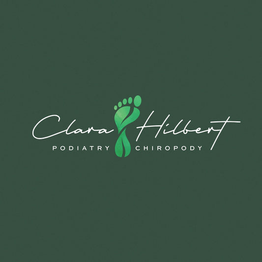 Podiatry and chiropody logo featuring a stylized green foot icon with elegant script typography.