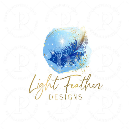 Feather Logo Design – Custom Blue Gold Celestial Brand Mark for Spiritual Wellness