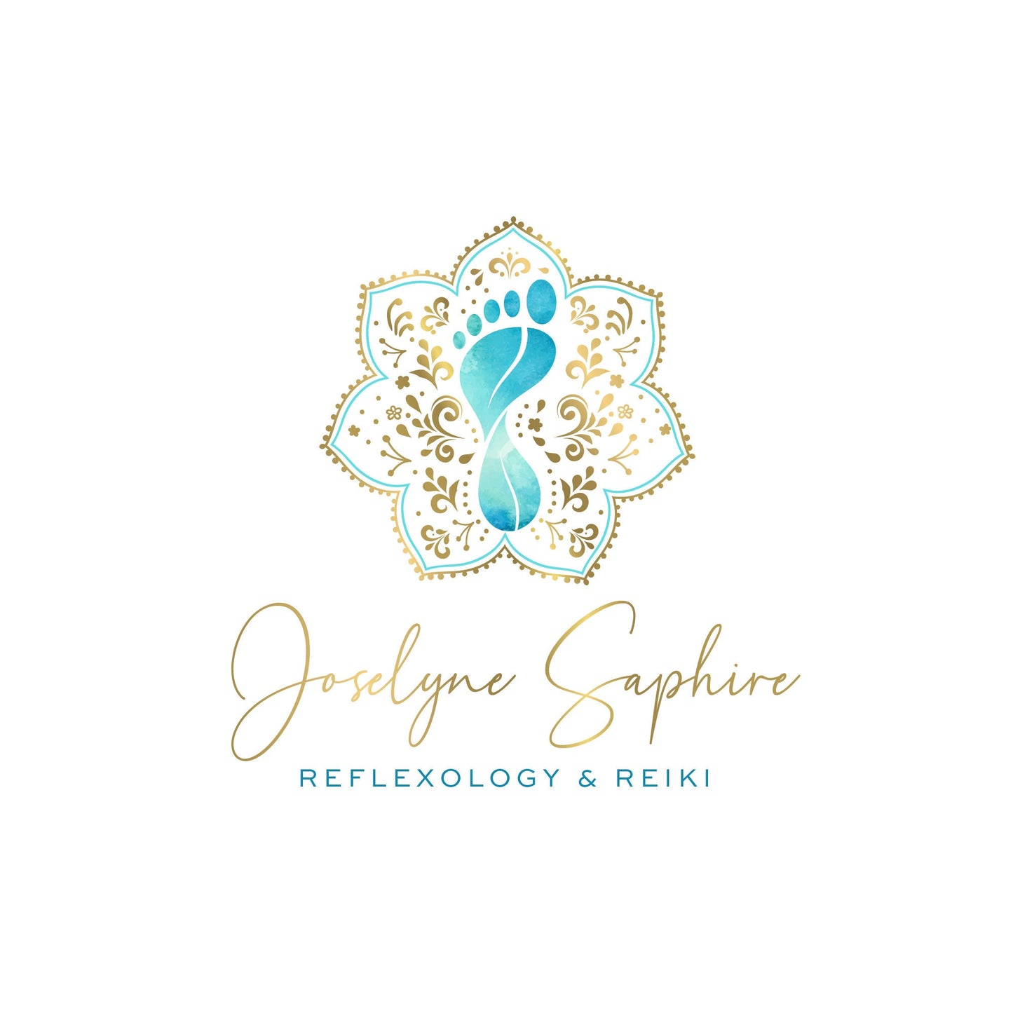 Personalized Reflexology Logo Design - Healing Blue Watercolor Foot with Gold Mandala Motif