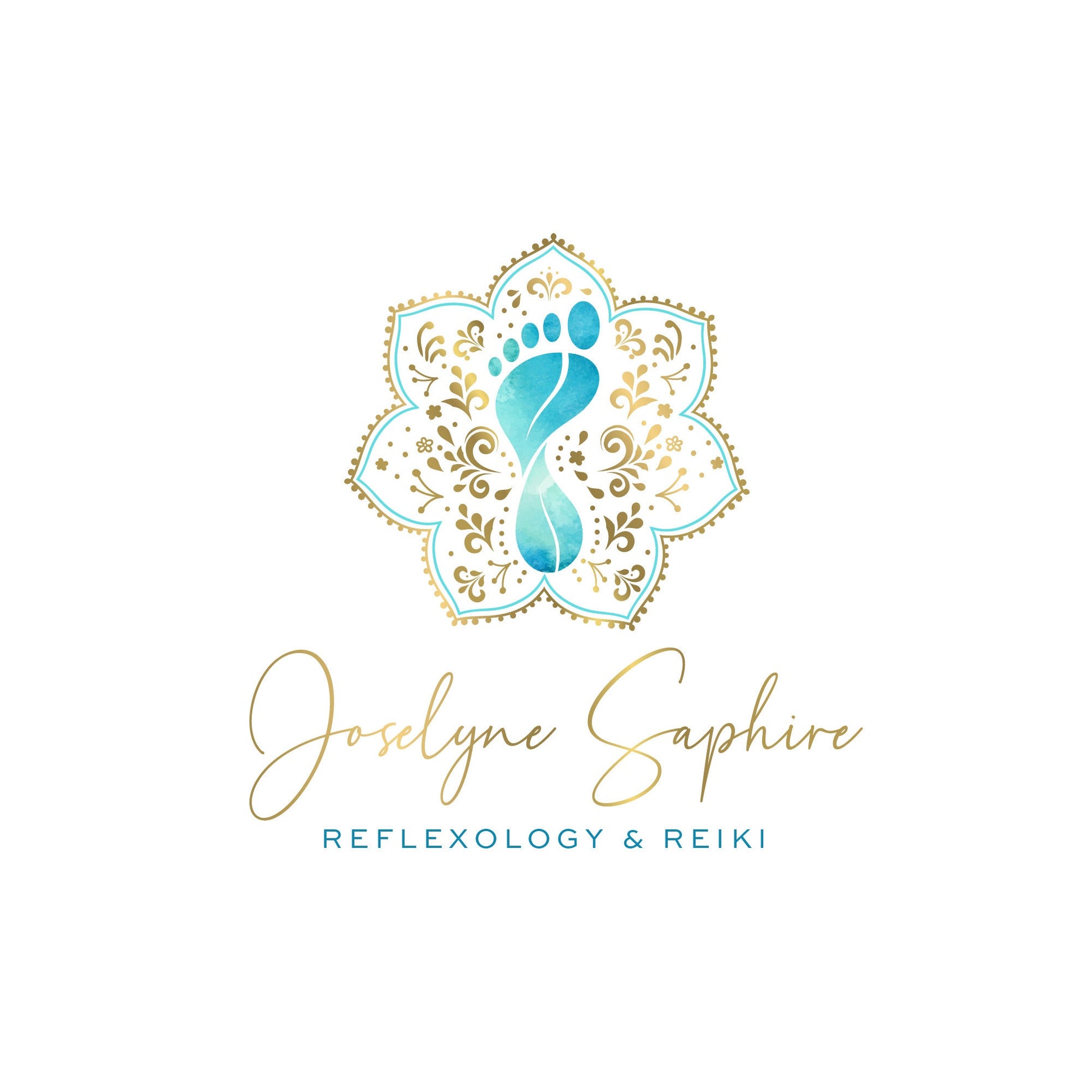 Personalized Reflexology Logo Design - Healing Blue Watercolor Foot with Gold Mandala Motif