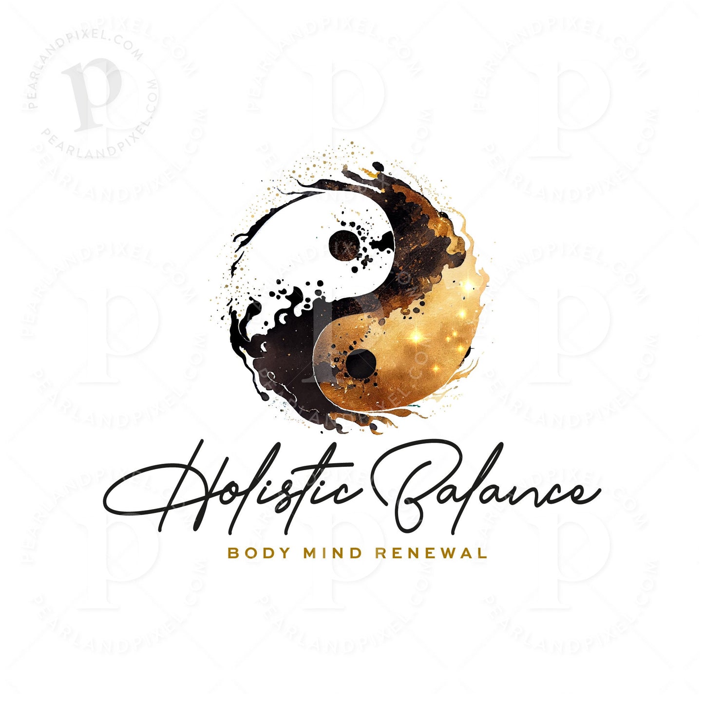 Yin Yang Logo – Black Gold Watercolor Branding | Custom Wellness Design