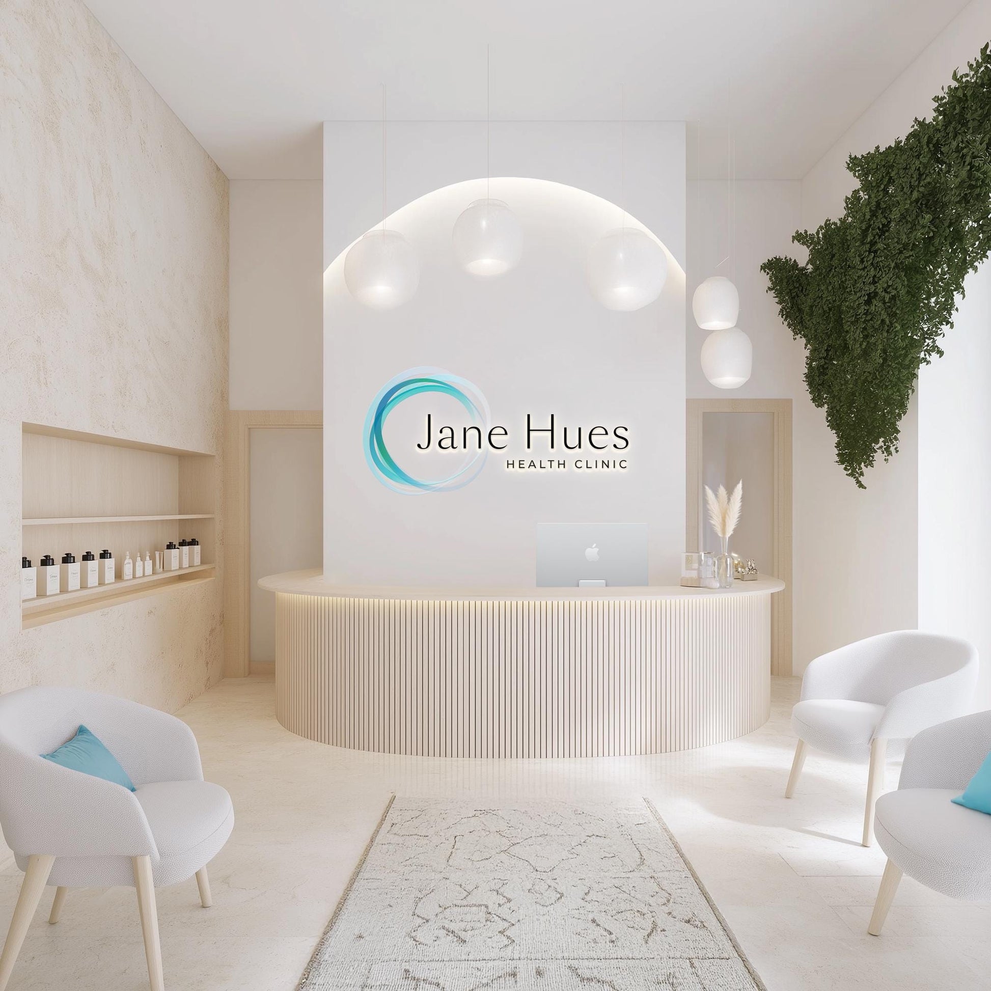 Elegant health clinic reception with a calming neutral palette and modern minimalist design. A professional wellness logo is displayed on the curved feature wall behind the desk, accented by soft pendant lighting. White chairs with blue cushions, natural textures, and greenery create a serene and inviting atmosphere.