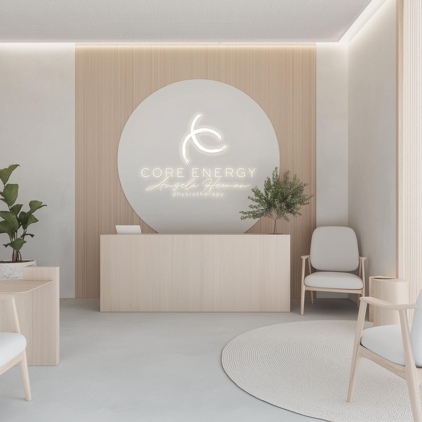 Modern physiotherapy clinic reception with a minimalist wood and white aesthetic. A sleek, illuminated business logo is displayed on a circular wall sign behind the desk, creating a professional and calming atmosphere. Neutral-toned furniture, soft lighting, and natural plants add to the wellness-inspired design.