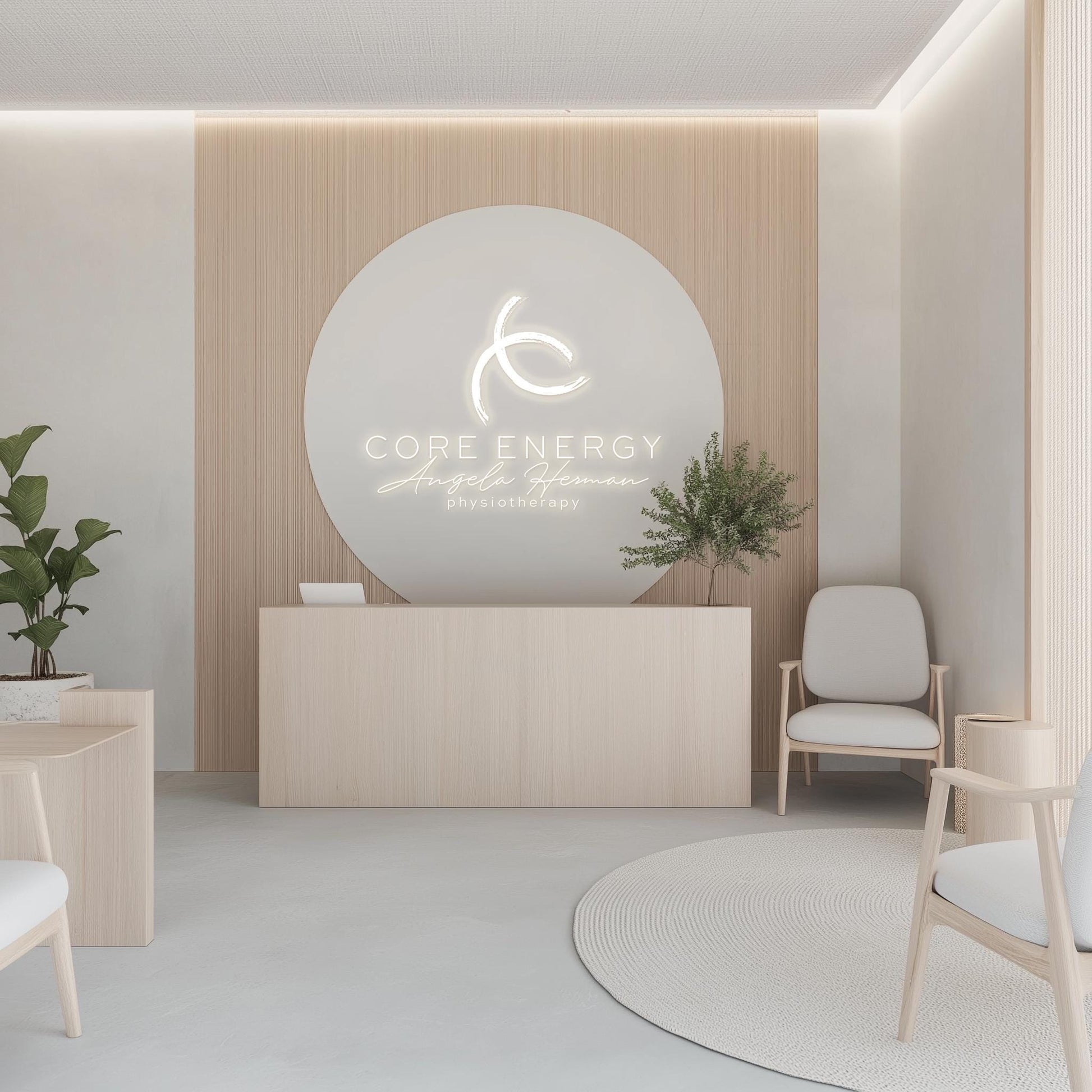 Modern physiotherapy clinic reception with a minimalist wood and white aesthetic. A sleek, illuminated business logo is displayed on a circular wall sign behind the desk, creating a professional and calming atmosphere. Neutral-toned furniture, soft lighting, and natural plants add to the wellness-inspired design.