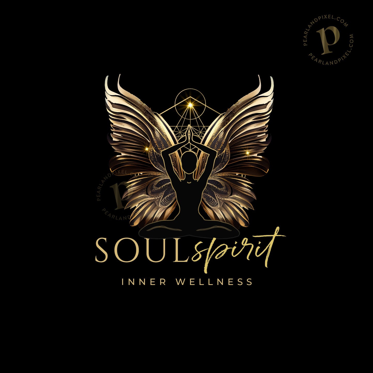 Custom Spiritual Logo Design - Gold Lotus Meditation Silhouette with Angel Wings