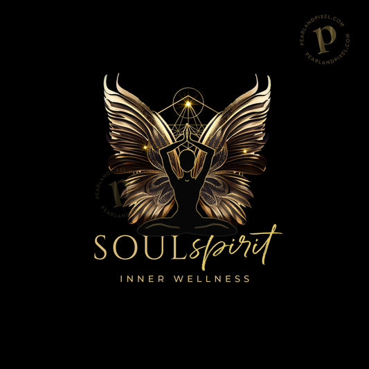 Custom Spiritual Logo Design - Gold Lotus Meditation Silhouette with Angel Wings