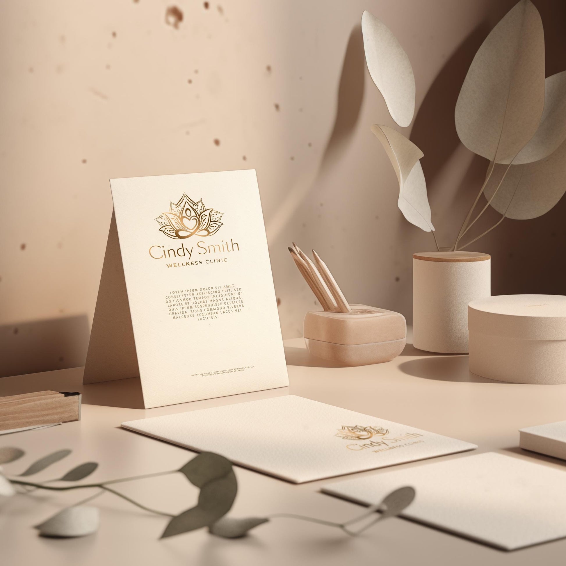 A refined wellness brand identity presentation, featuring a minimalist desk setup with letterhead, business card, and logo-branded stationery in warm neutral tones.