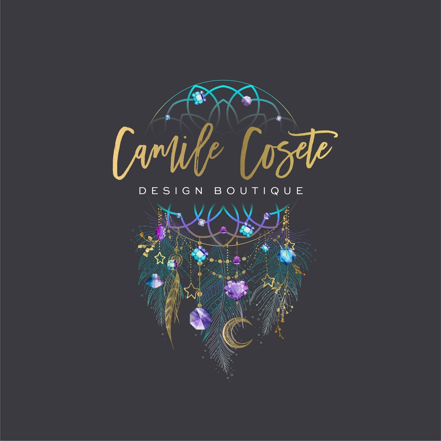 Dreamcatcher logo design with crystals and feathers. Branding logo for spiritual business, healers, meditation, tarot readers.
