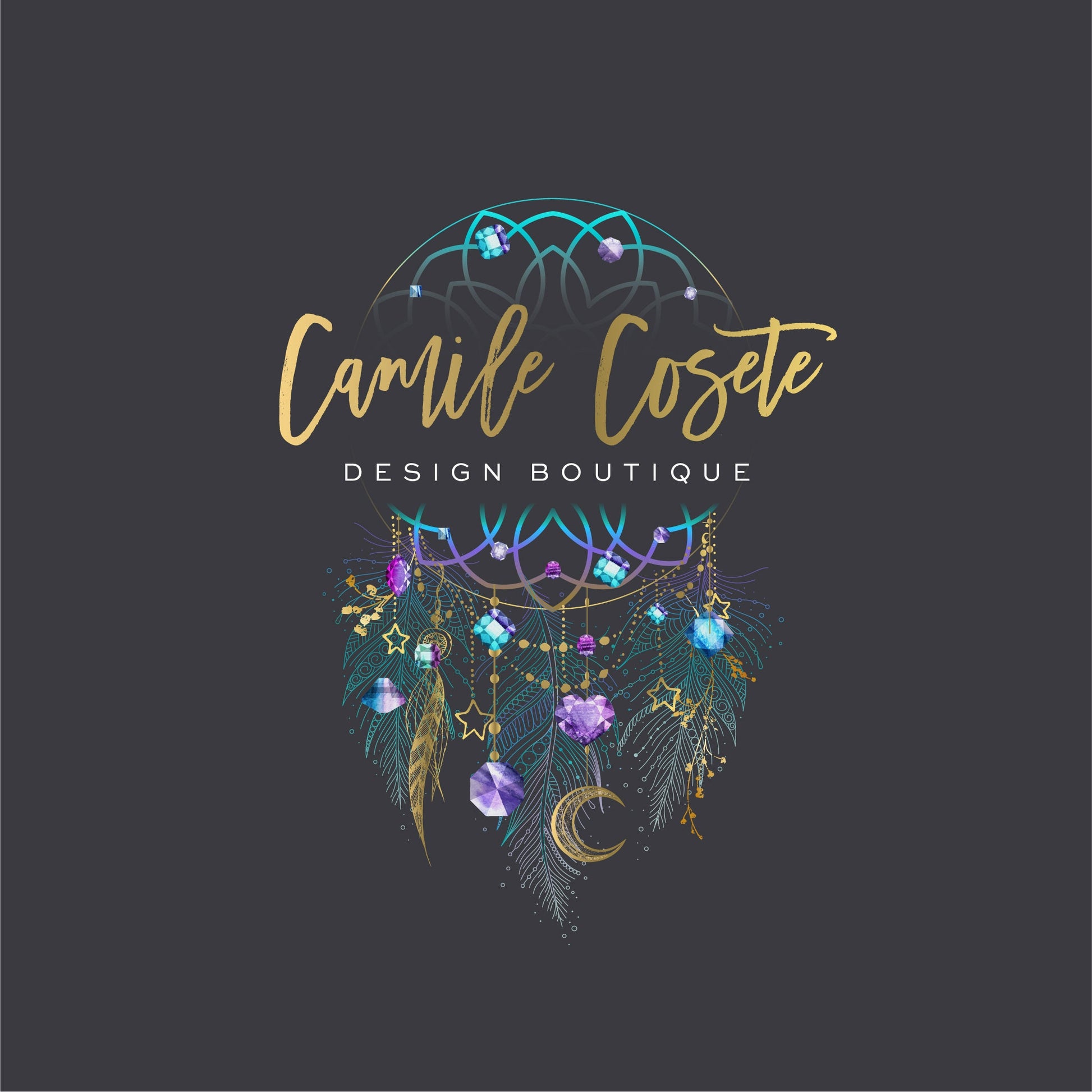 Dreamcatcher logo design with crystals and feathers. Branding logo for spiritual business, healers, meditation, tarot readers.
