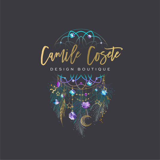 Dreamcatcher logo design with crystals and feathers. Branding logo for spiritual business, healers, meditation, tarot readers.