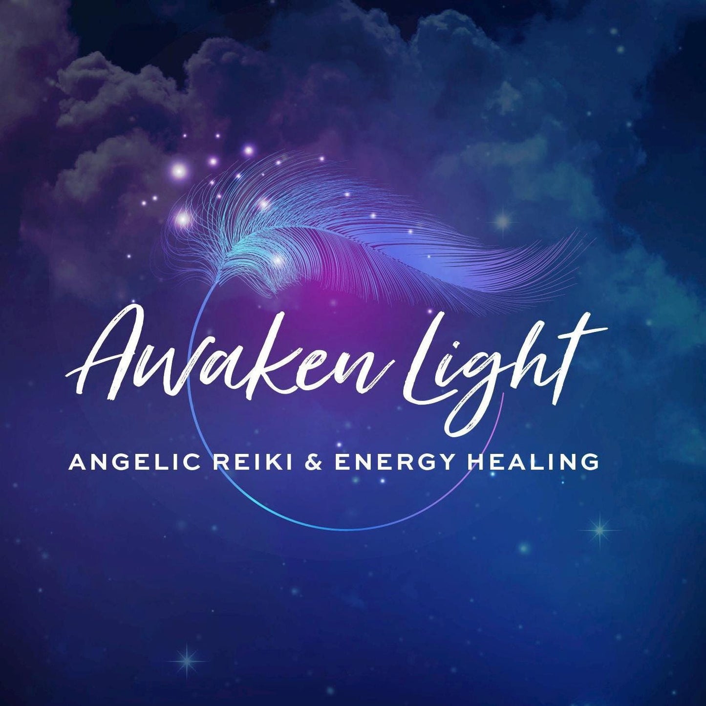 Magic Feather Angel Logo design featuring a circle and a feather against a sky background. Perfect logo for any spiritual business including reiki healers, angel coaching, meditation training, soul healing business. This logo is personalized for you.