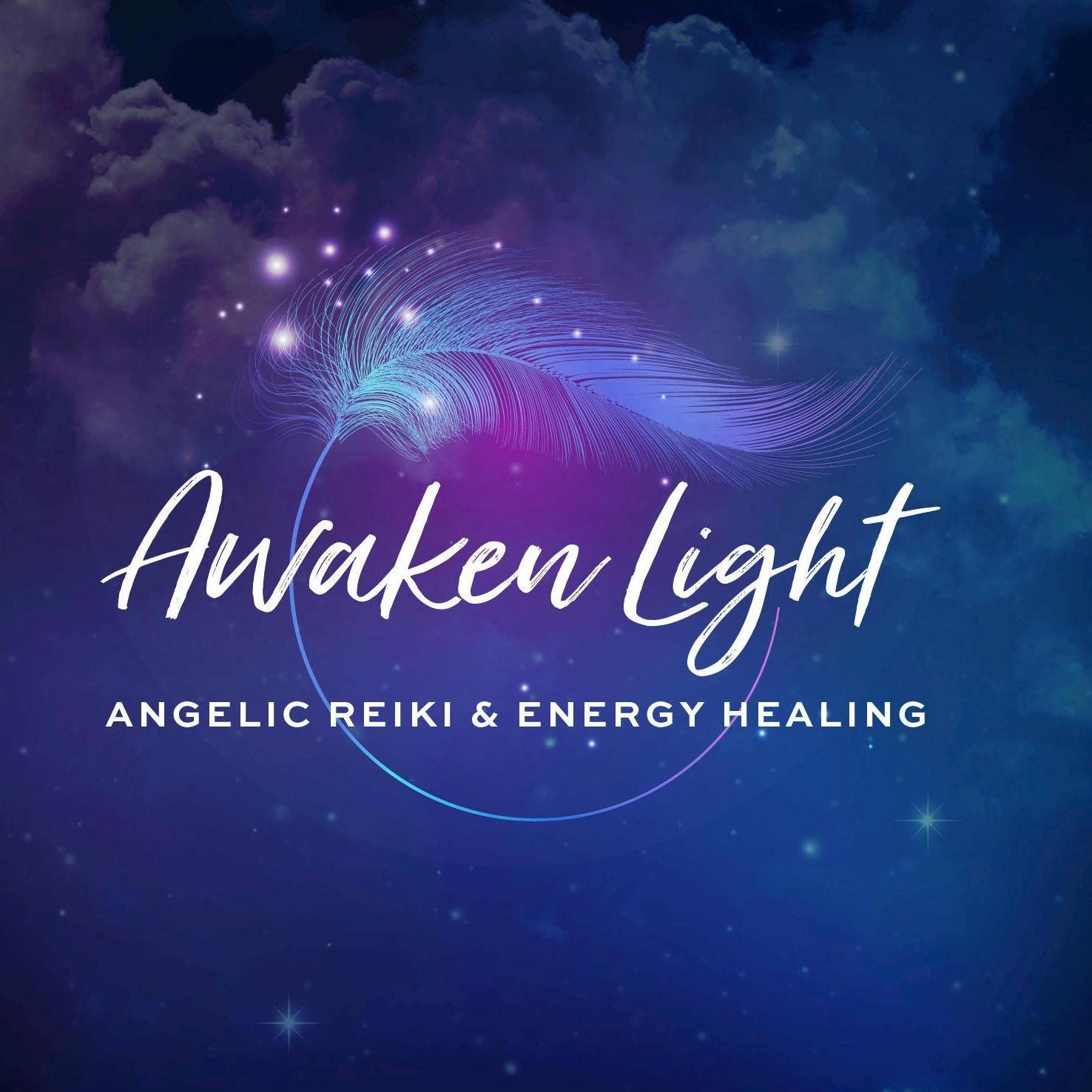 Magic Feather Angel Logo design featuring a circle and a feather against a sky background. Perfect logo for any spiritual business including reiki healers, angel coaching, meditation training, soul healing business. This logo is personalized for you.