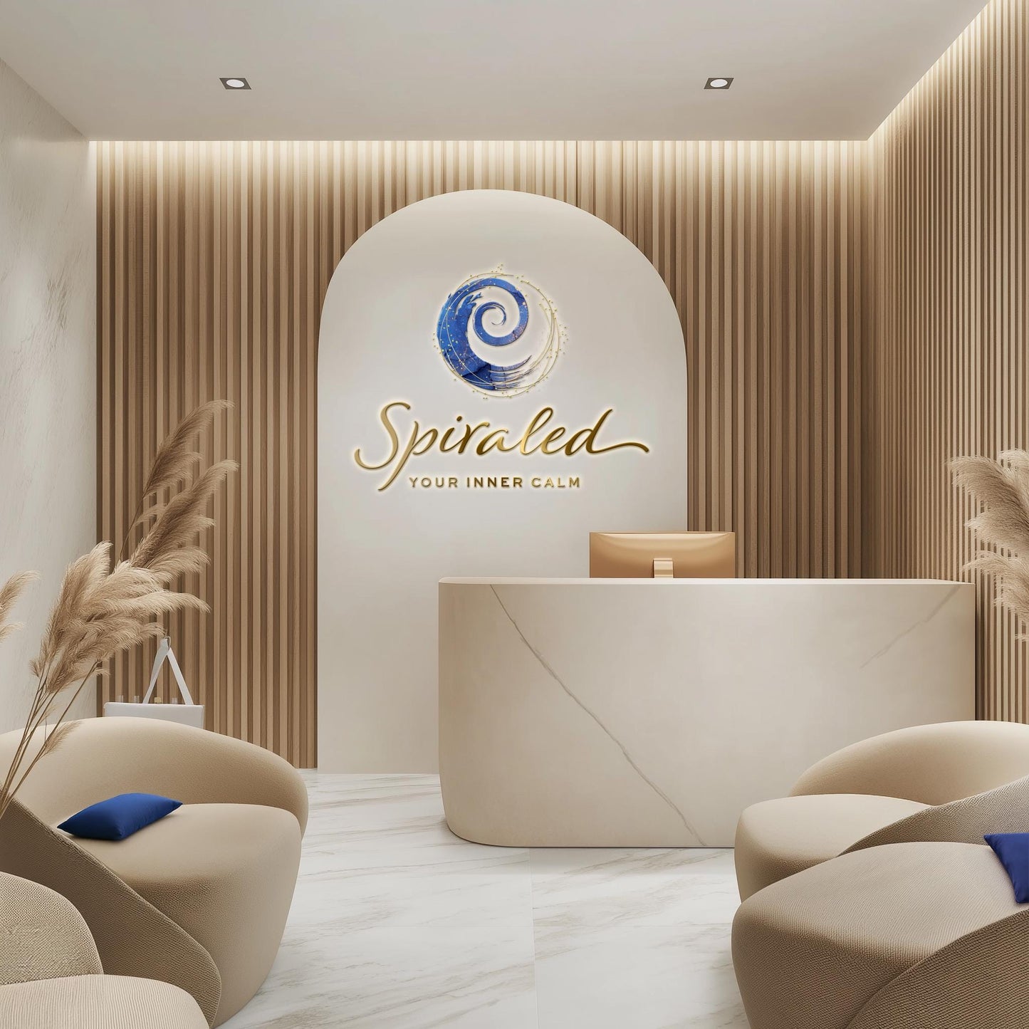 wellness reception waiting room with white marble floor, wood panels and luxury gold logo design sign.