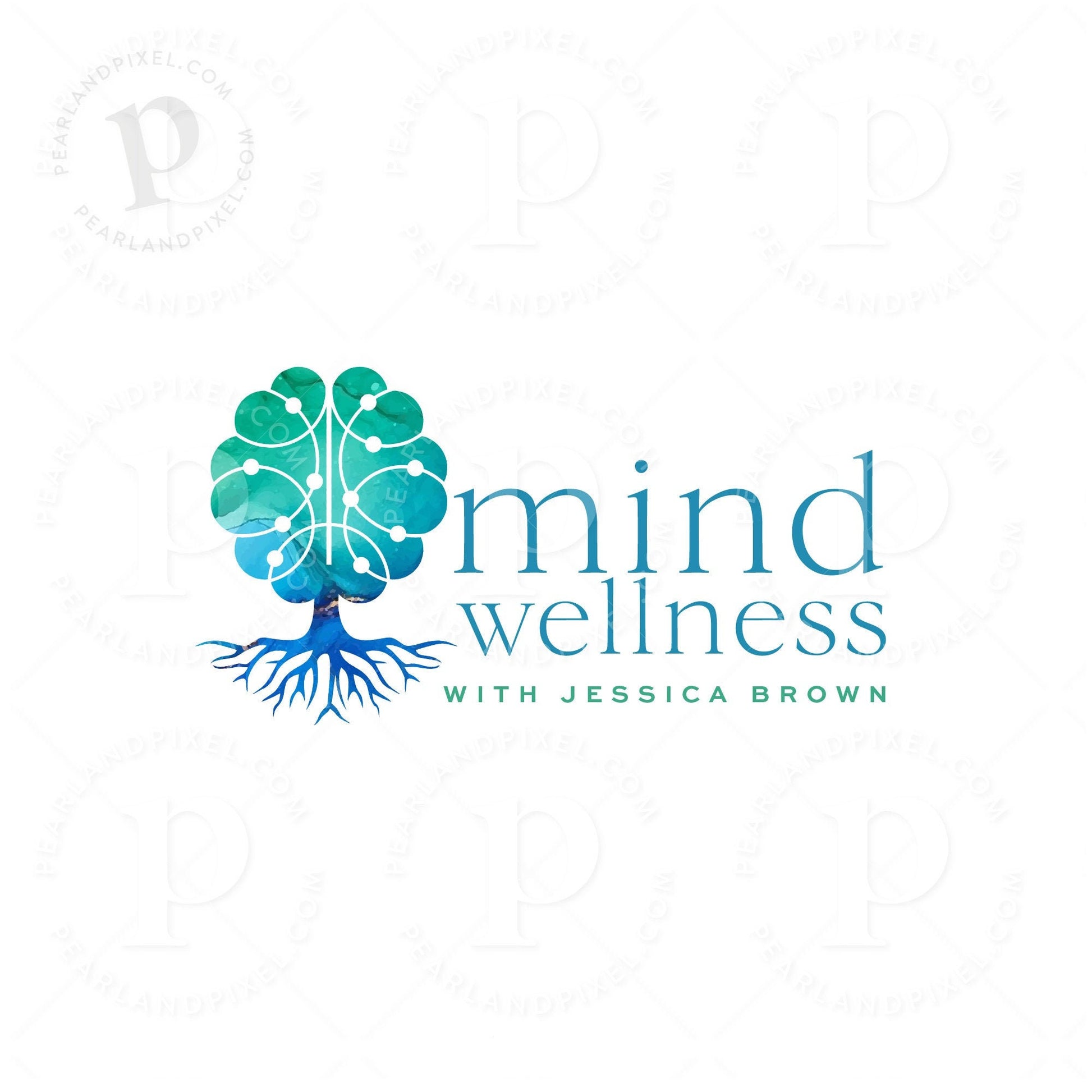 Customized Mental Health Logo Design - Blue Watercolor Brain and Rooted Tree. Brand design for psychotherapists, counselors, psychologists.