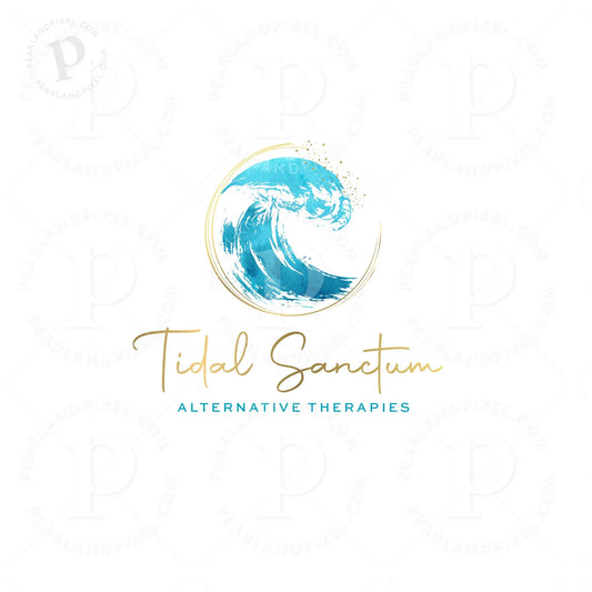 &quot;Elegant wave-inspired logo design featuring a watercolor ocean wave encircled by a gold accent, symbolizing fluidity, balance, and holistic healing. Ideal for wellness brands, hydrotherapy centers, ocean-themed businesses, coastal spas, holistic practitioners, and alternative health professionals. Luxurious and modern branding with a calming blue and gold aesthetic, perfect for digital and print use, including websites, social media, business cards, and storefront signage.