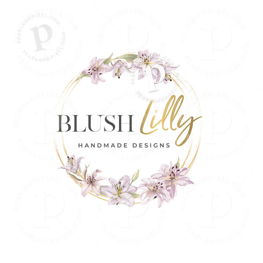Floral Wreath Logo – Feminine Gold Pink Lily Flower Emblem | Elegant Branding Style