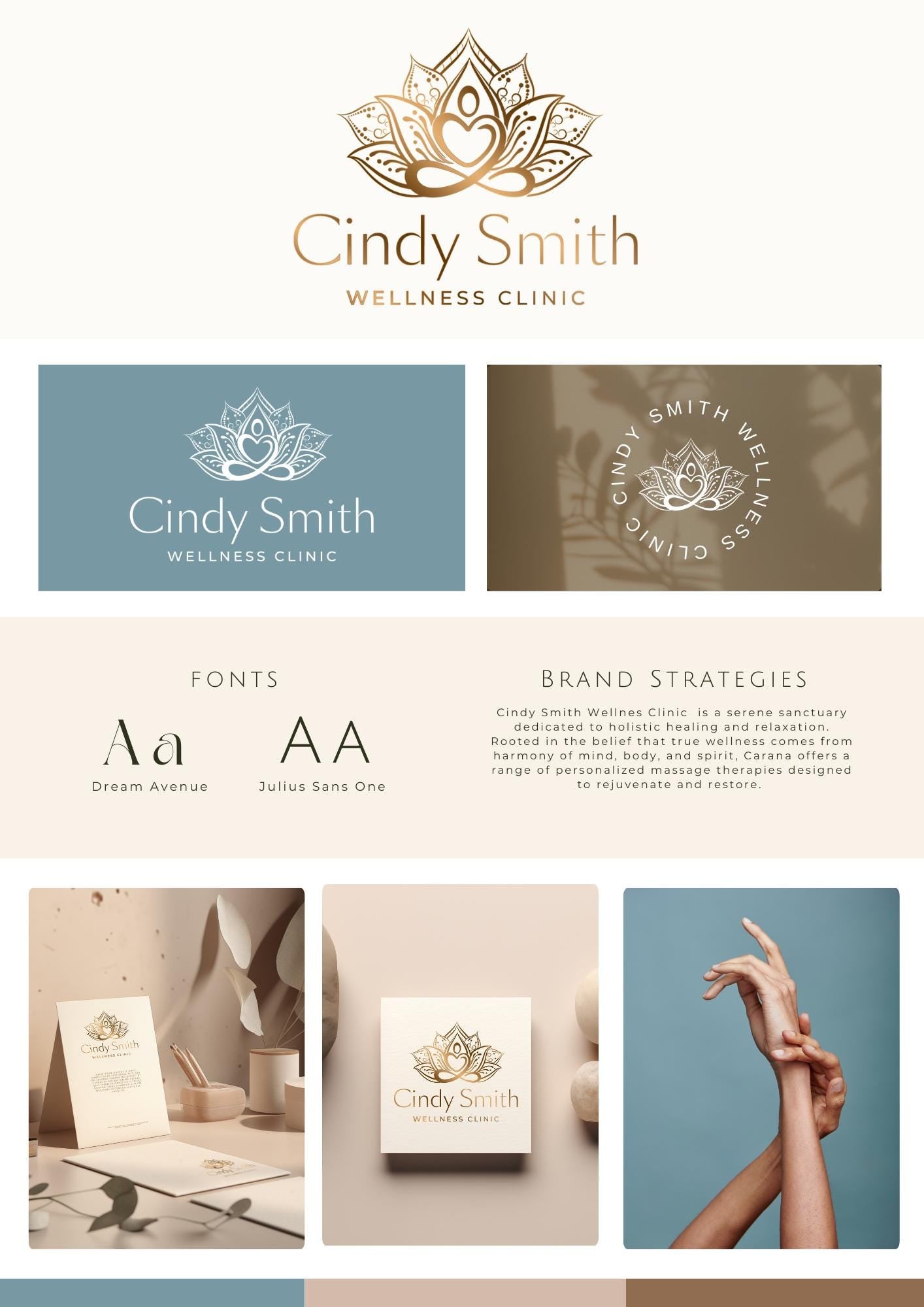 A luxurious wellness clinic reception with a glowing lotus logo sign mounted on a minimalist wooden feature wall, conveying calm and professionalism.