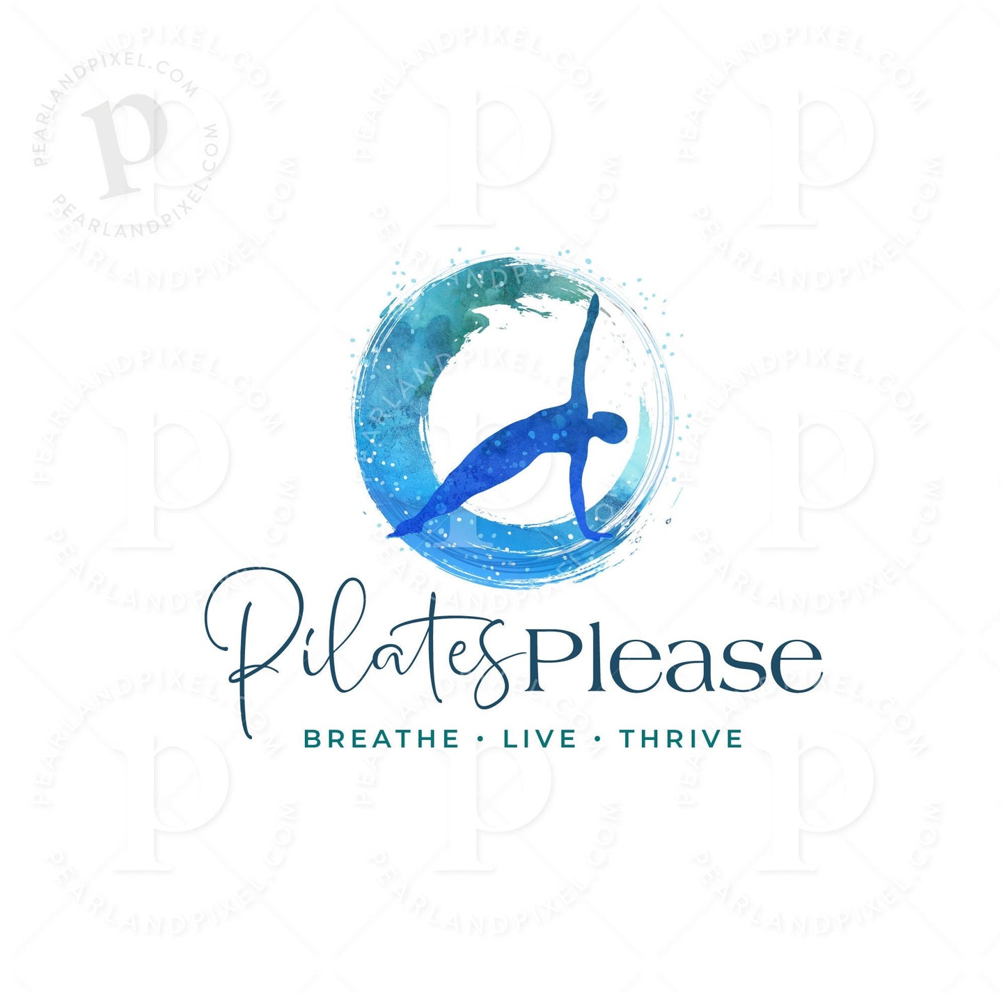 pilates logo design with blue silhouette and wave circle