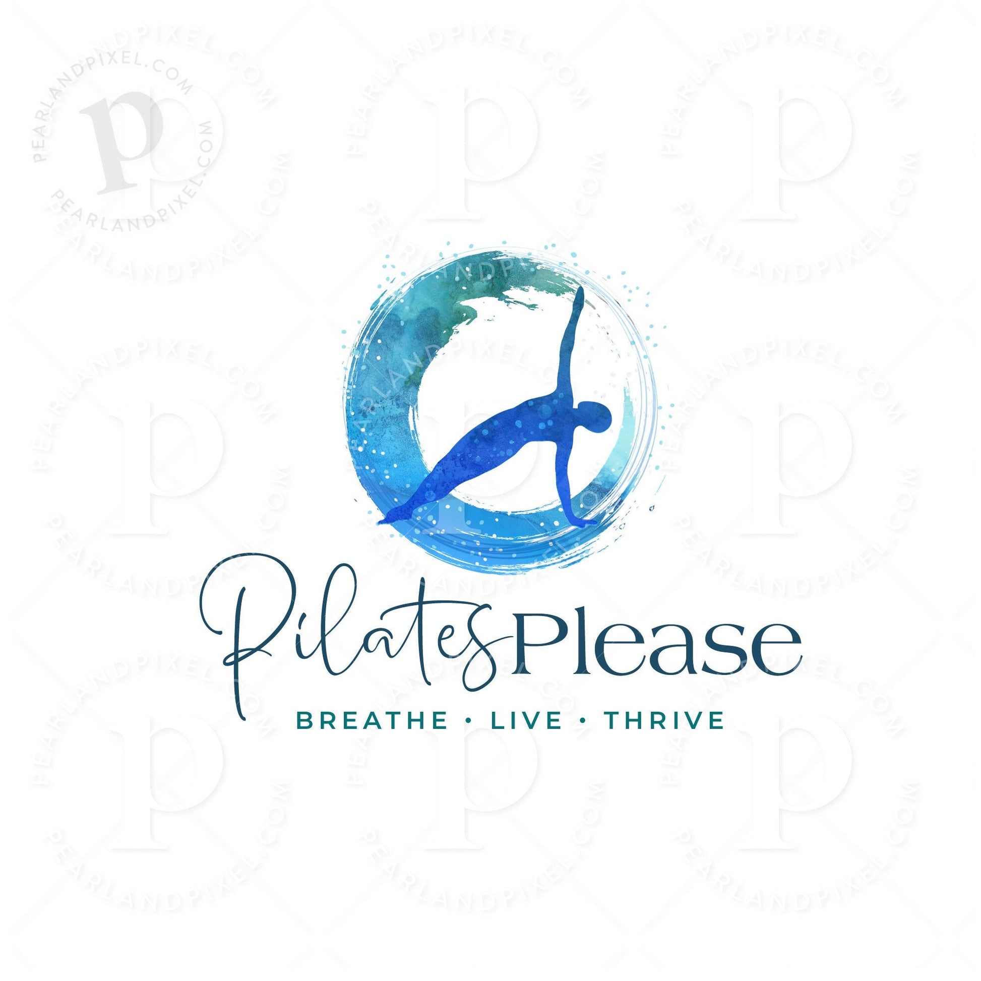 pilates logo design with blue silhouette and wave circle