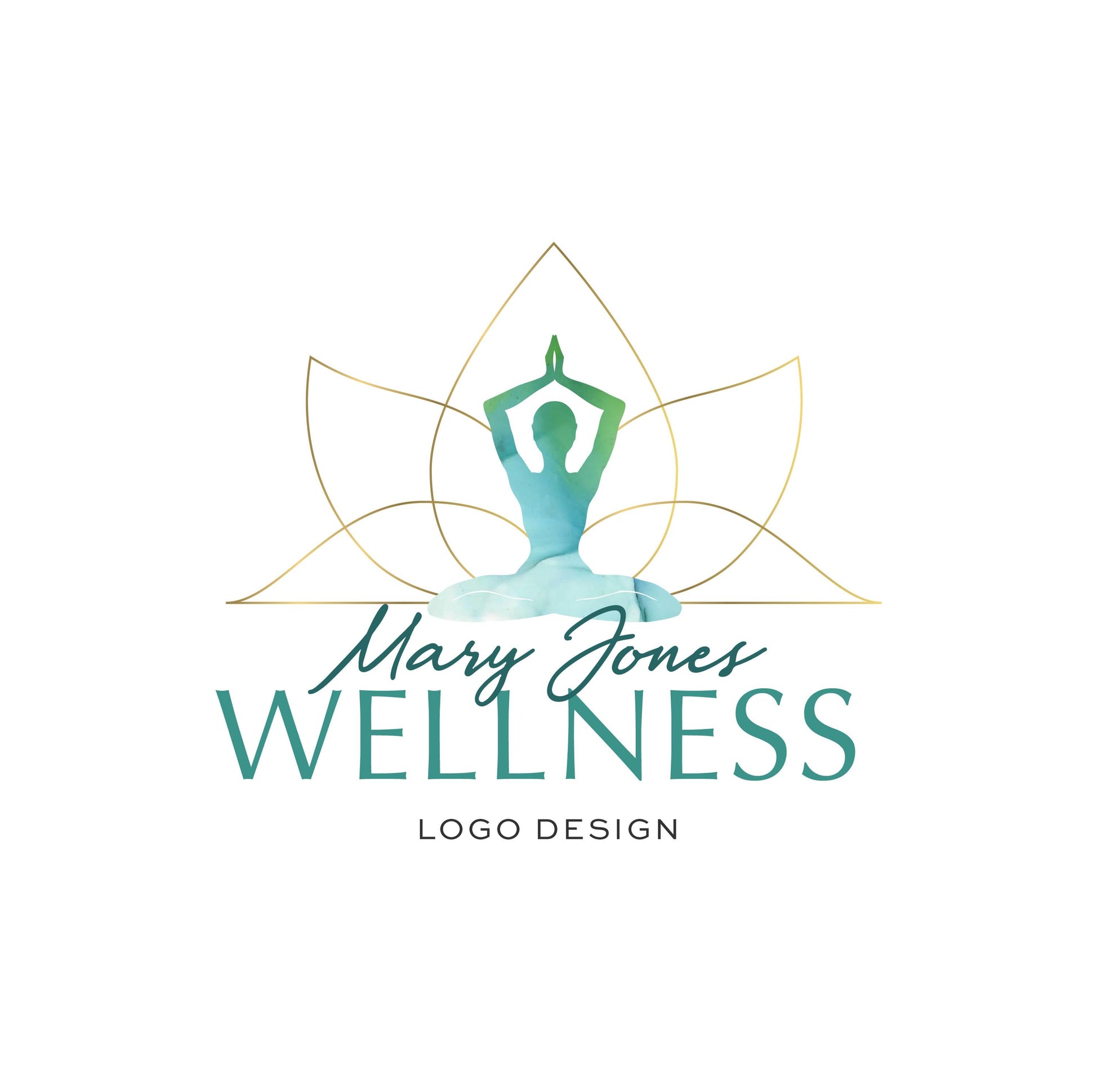 Lotus logo design, Wellbeing Branding, Gold and Teal Watercolor Design, Silhouette Yoga for Social and Print Marketing