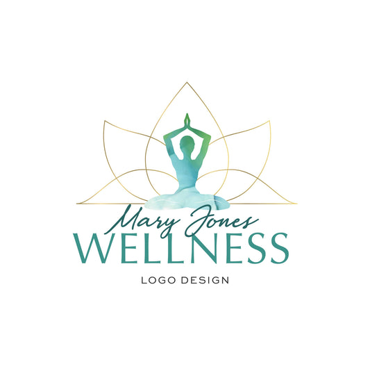 Lotus logo design, Wellbeing Branding, Gold and Teal Watercolor Design, Silhouette Yoga for Social and Print Marketing