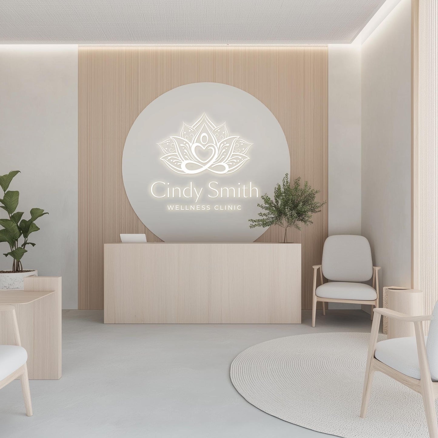 A luxurious wellness clinic reception with a glowing lotus logo sign mounted on a minimalist wooden feature wall, conveying calm and professionalism.