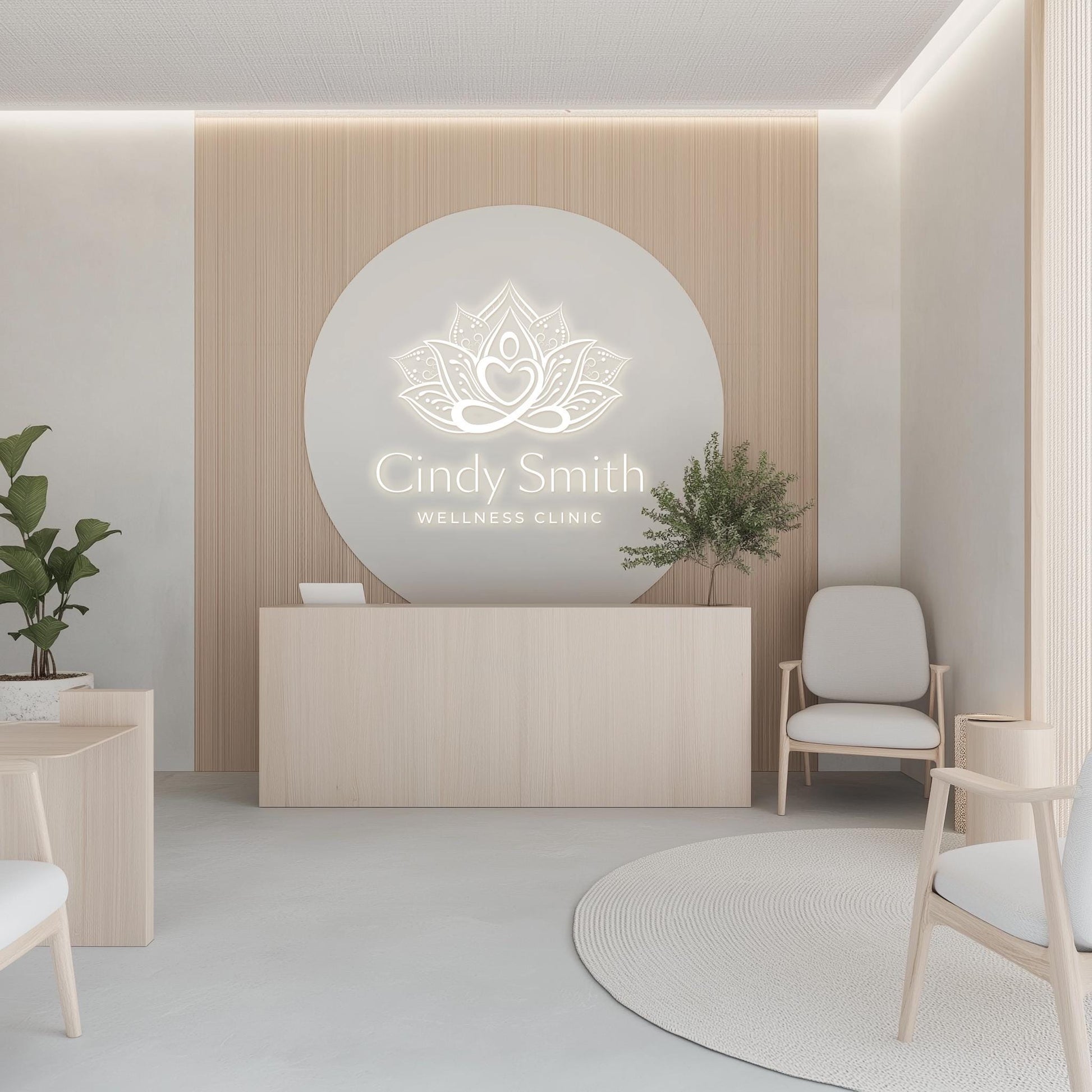 A luxurious wellness clinic reception with a glowing lotus logo sign mounted on a minimalist wooden feature wall, conveying calm and professionalism.