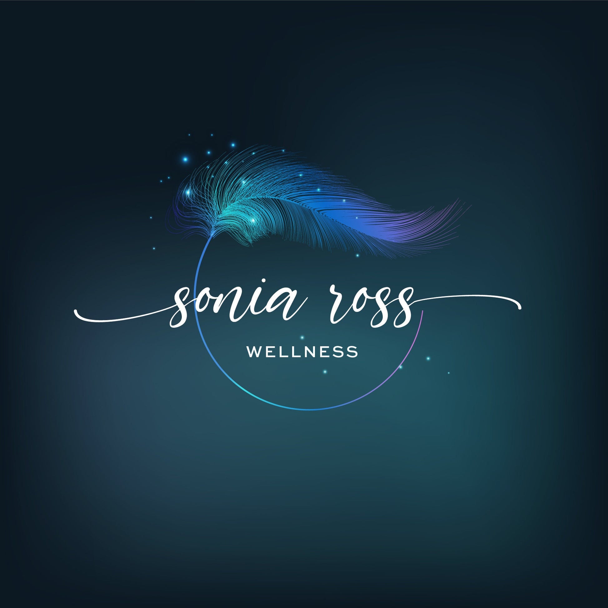 Spiritual feather logo design featuring a magical blue feather with sparkles. Freedom logo with a script font for a modern therapy business including massage, angel healing, bereavement logo, reiki and ayurveda coaching. Branding for therapists.