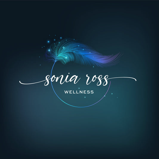 Spiritual feather logo design featuring a magical blue feather with sparkles. Freedom logo with a script font for a modern therapy business including massage, angel healing, bereavement logo, reiki and ayurveda coaching. Branding for therapists.