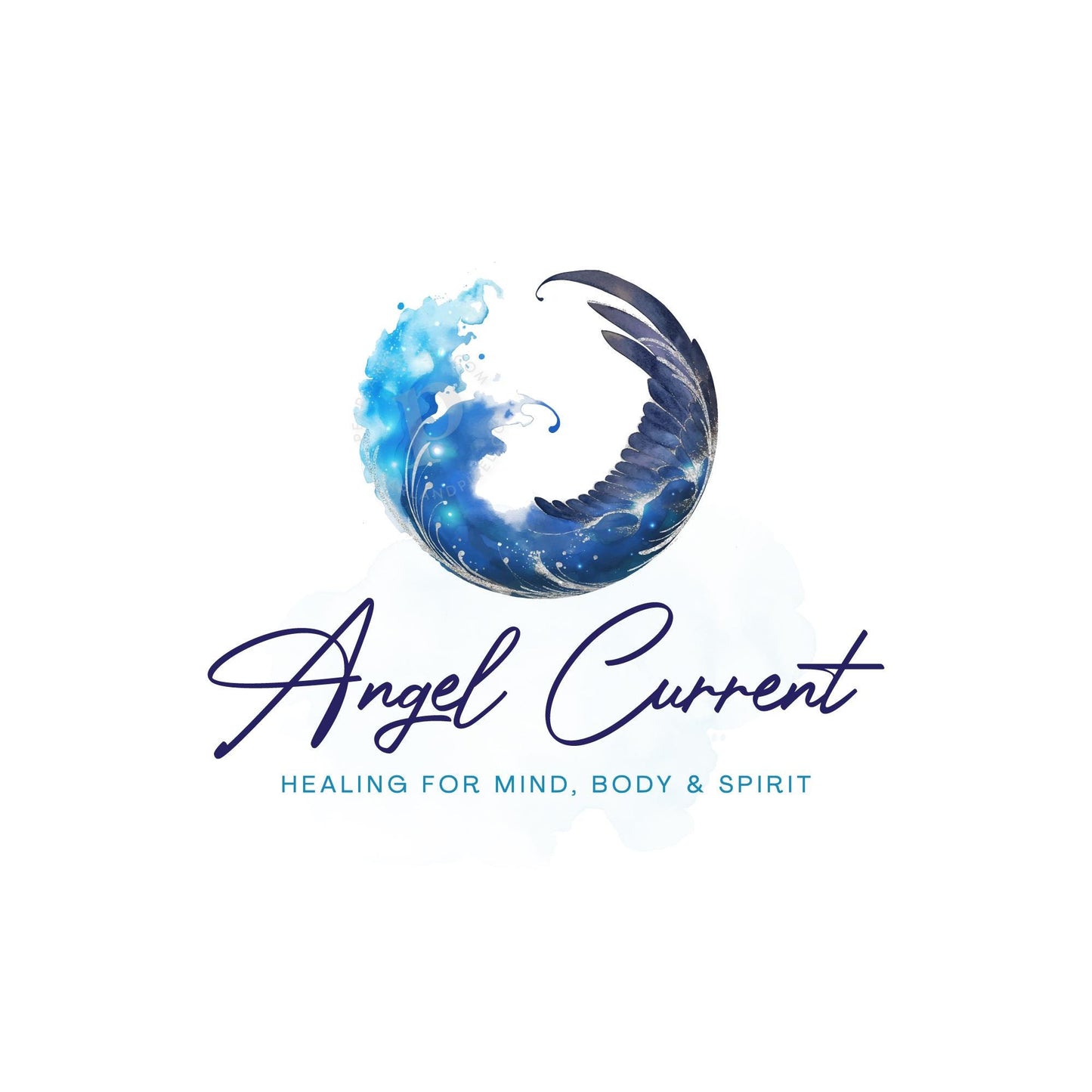 Spiritual logo with metallic silver and blue water wave and angel wing feather, perfect for energy healers, Reiki practitioners, and wellness brands