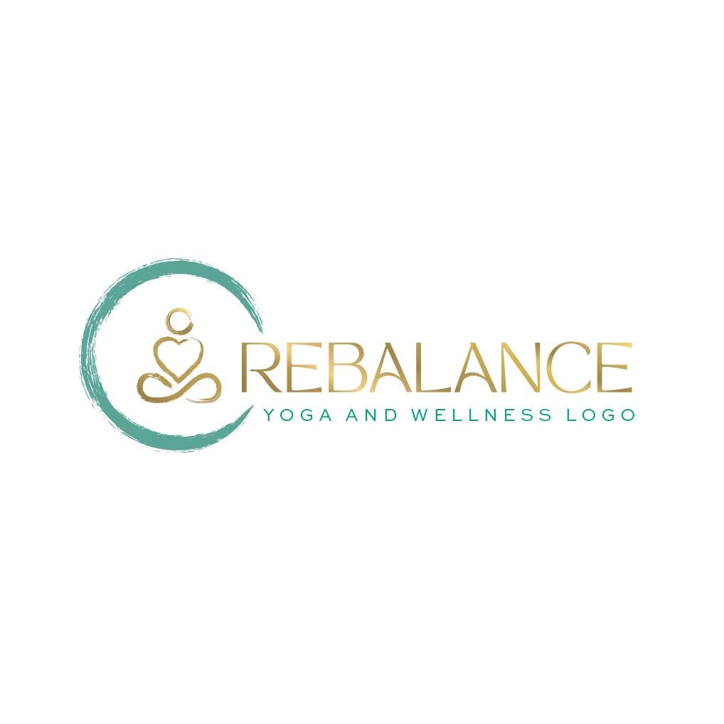 Minimalist teal circle logo with abstract gold lotus pose silhouette icon, ideal for wellness, yoga, Pilates studios, coaching, and modern branding.